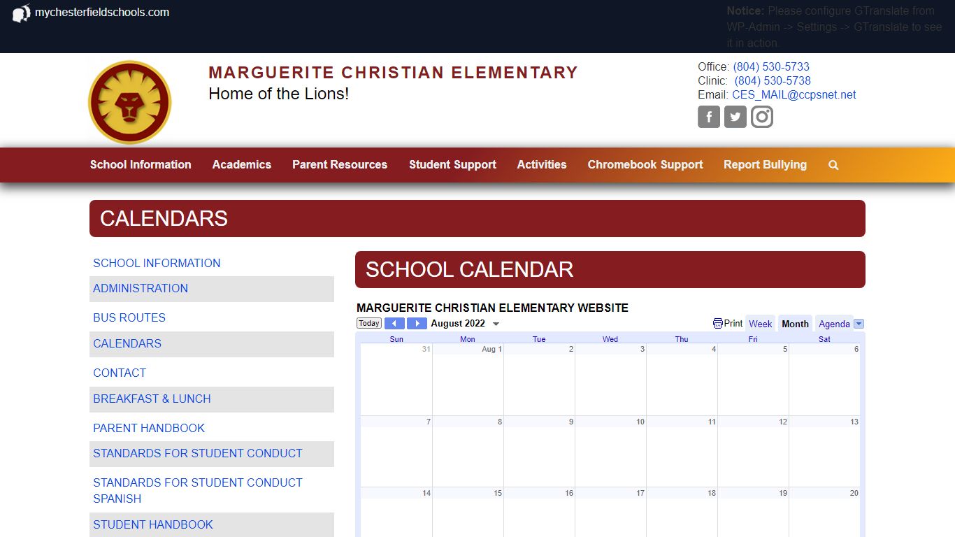 Calendars | Marguerite Christian Elementary